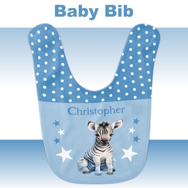 Cute zebra polka dots stars add name blue baby bib (Creator Uploaded)
