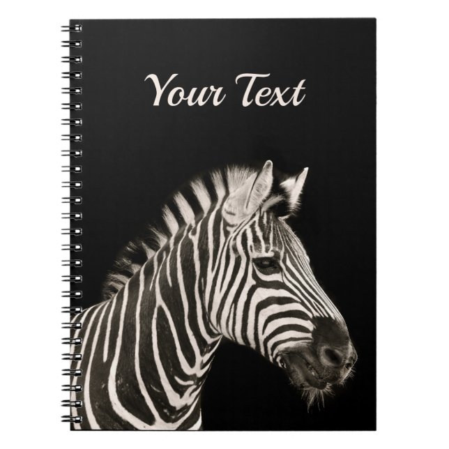 Cute Zebra Portrait on Black Personalized Name Notebook (Front)