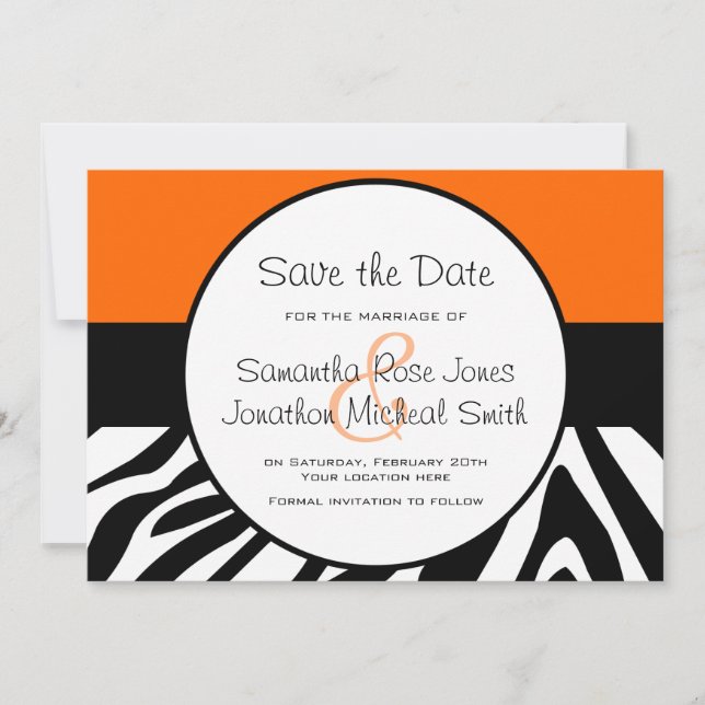 Cute Zebra Print Custom Orange Save the Date (Front)