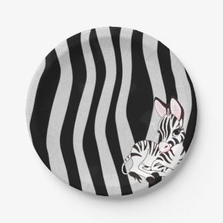 Cute Zebra Print texture With Baby Zebra Cartoon Paper Plates
