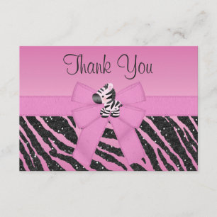 Cute Zebra, Printed Bow & Glitter Look Thank You Card