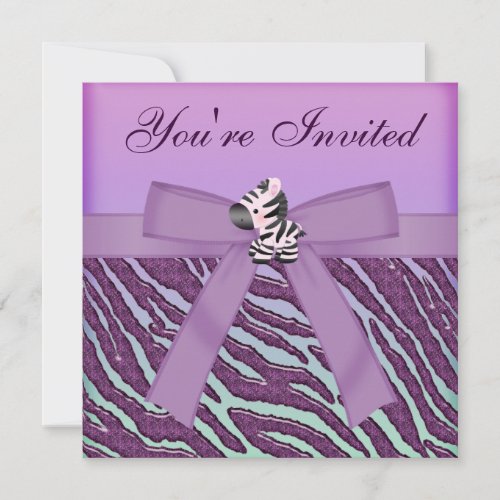 Cute Zebra &amp; Purple Faux Jewel Hearts Animal Print Personalized Invitations