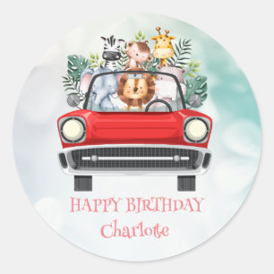 Cute Zebra Race car Safari jungle Birthday party Classic Round Sticker