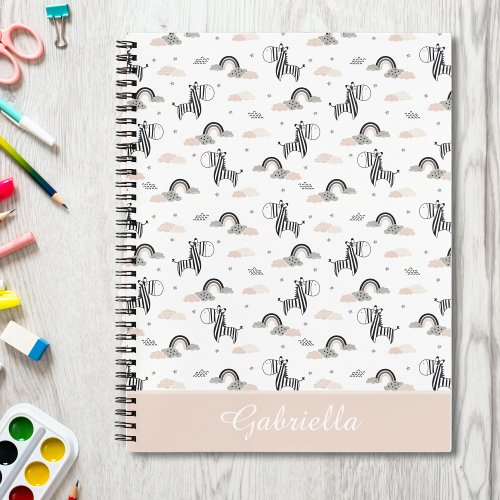 Cute Zebra Rainbow Clouds Customize Kids Name Notebook