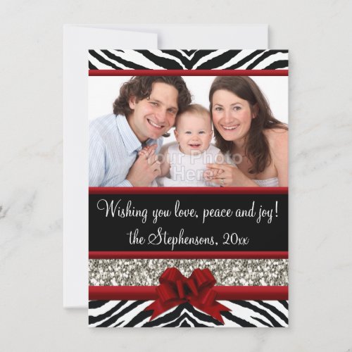 Cute Zebra Red Bow Sparkle Custom Photo Christmas Holiday Card