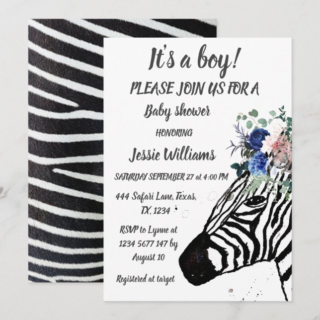 Cute Zebra Safari Jungle pattern animal Baby boy I Invitation (Front/Back)