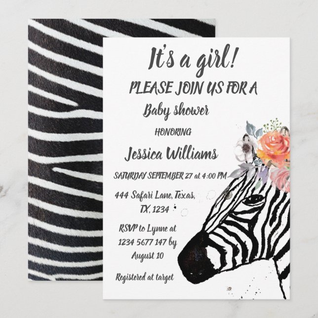 Cute Zebra Safari Jungle pattern animal Baby girl Invitation (Front/Back)