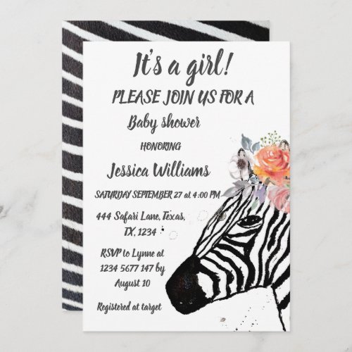 Cute Zebra Safari Jungle pattern animal Baby girl Invitation