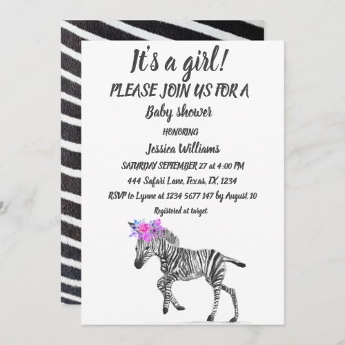 Cute Zebra Safari Jungle pattern animal Baby Girl Invitation