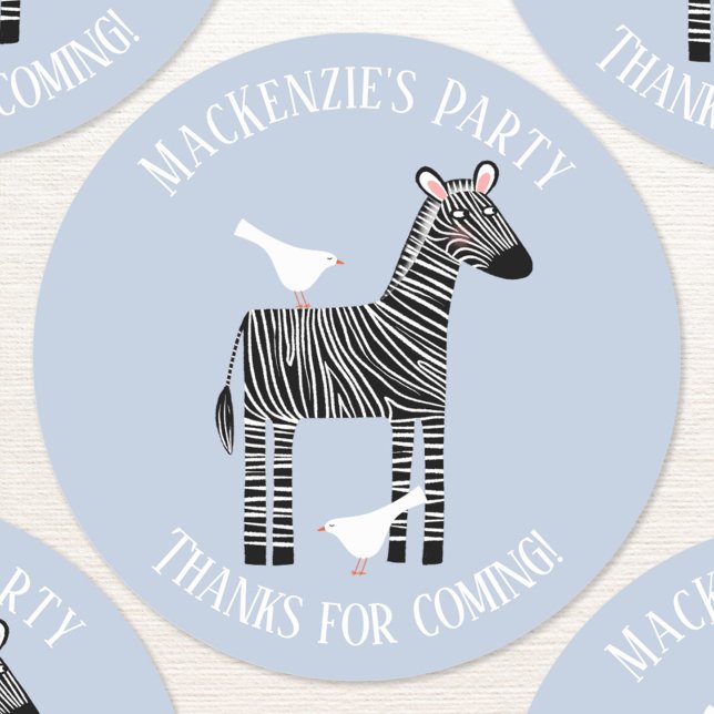 Cute Zebra Safari Party Thank You Classic Round Sticker (Cute zebra custom text personalized kids birthday party thank you sticker)