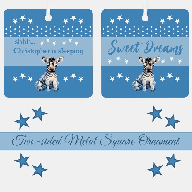 Cute zebra shhh add name is sleeping blue metal ornament (Creator Uploaded)