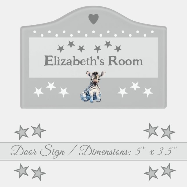 Cute zebra stars baby's room add name grey door sign (Creator Uploaded)