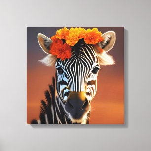 Cute Zebra wearing Orange Flowers Canvas Print