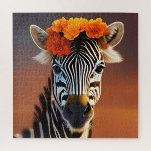 Cute Zebra wearing Orange Flowers Jigsaw Puzzle