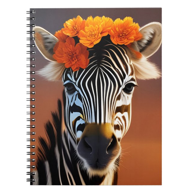Cute Zebra wearing Orange Flowers Notebook (Front)
