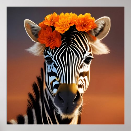 Cute Zebra wearing Orange Flowers  Poster