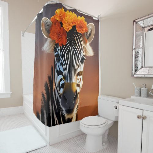 Cute Zebra wearing Orange Flowers  Shower Curtain