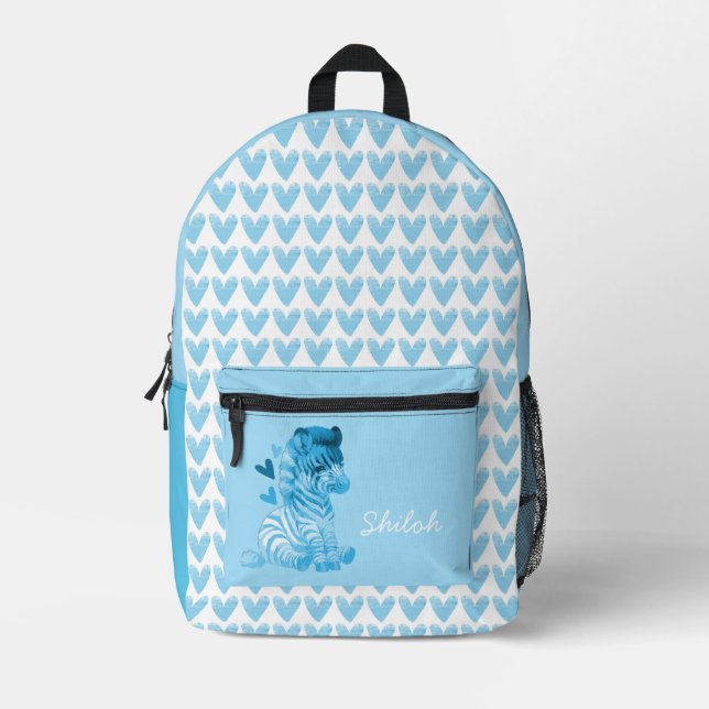 Cute Zebra with Hearts and Custom Name Printed Backpack (Front)