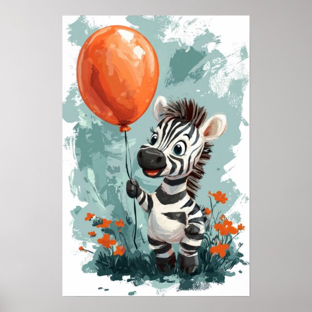 Cute Zebra with Orange Balloon Whimsical Illustrat Poster (Front)