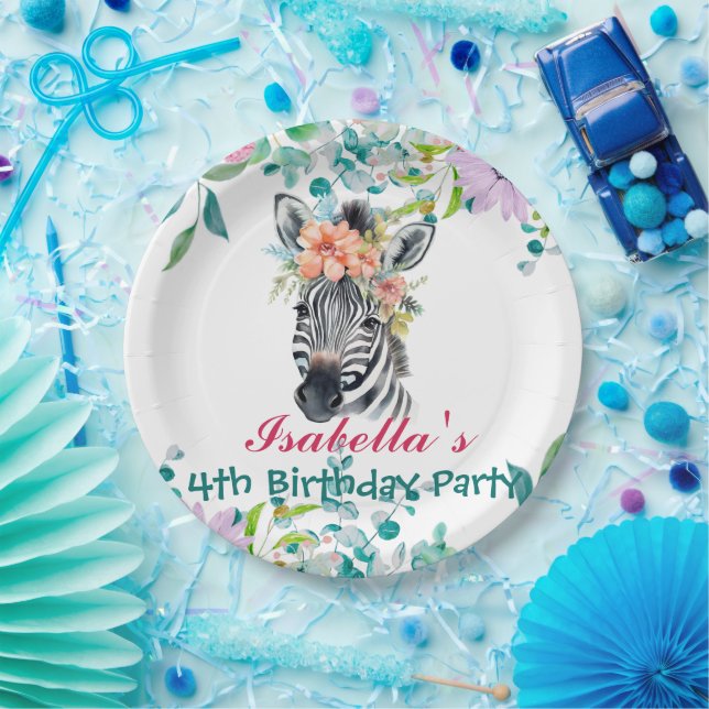 Cute Zebra zoo animal jungle Floral Birthday party Paper Plates (Party)