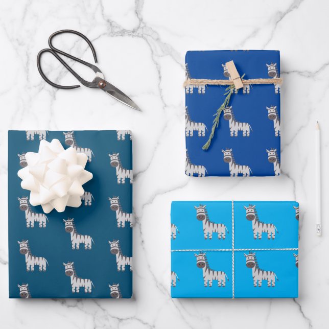 Cute Zebra Zoo Animals Black White Blue Wrapping Paper Sheets (Front)
