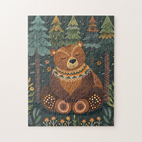 Cute Zen Bear in Woods Wildlife Animal Nature Art Jigsaw Puzzle