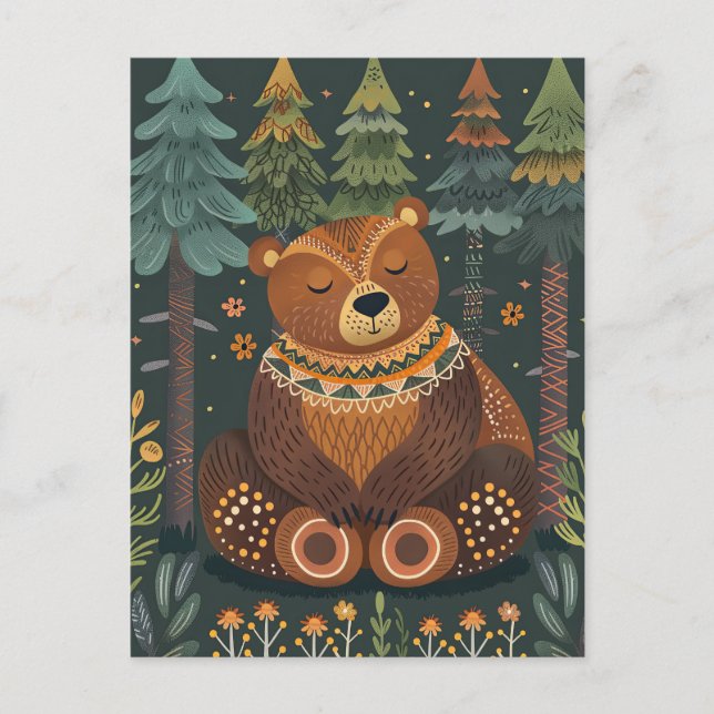 Cute Zen Bear in Woods Wildlife Animal Nature Art Postcard (Front)