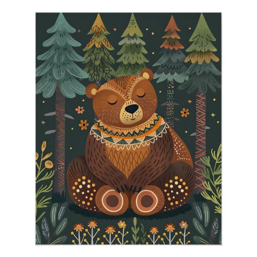 Cute Zen Bear in Woods Wildlife Animal Nature Art Poster
