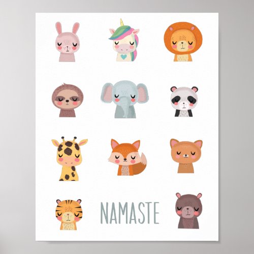 Cute Zen Yoga Kawaii Animal Faces Illustration Poster