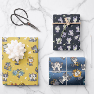 Cute Zodiac Cat Wrapping Paper Flat Sheet Set of 3