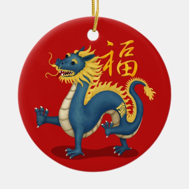 Cute Zodiac Dragon "Fortune" Chinese New Year Ceramic Ornament (Front)
