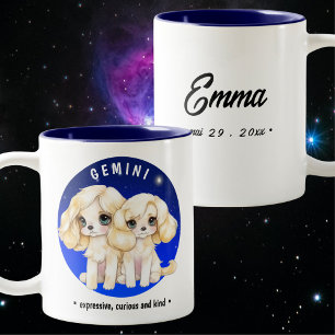 Cute Zodiac Gemini Dog blue starsky Watercolor Two-Tone Coffee Mug