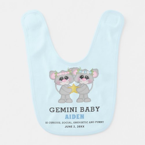 Cute Zodiac Mouse Twins Blue Boy Baby Bib