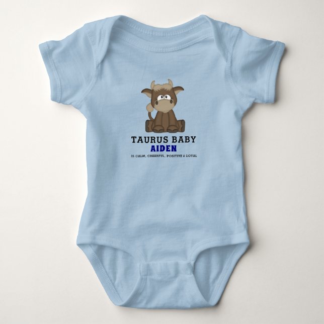 Cute Zodiac Taurus Bull Blue Boy Baby Bodysuit (Front)