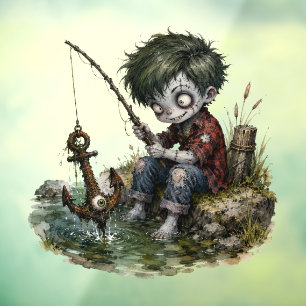 Cute Zombie Boy Fisherman Halloween Window Cling