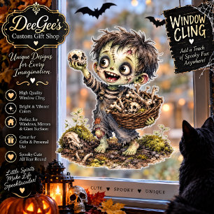 Cute Zombie Boy Holding Bone & Skull Halloween Window Cling