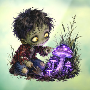 Cute Zombie Boy with Glowing Mushrooms Halloween Window Cling