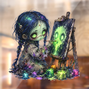 Cute Zombie Girl Artist Painting Halloween Window Cling