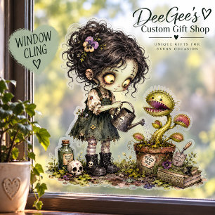 Cute Zombie Girl Watering Venus Flytrap Halloween Window Cling