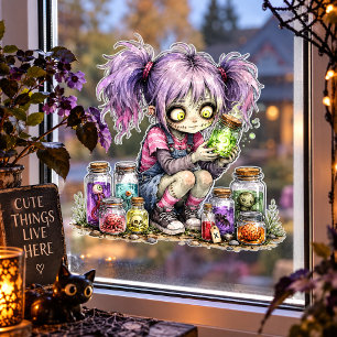 Cute Zombie Girl with Potion Jars Halloween Window Cling