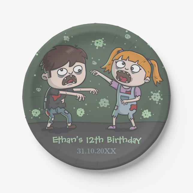 Cute Zombie Kids Halloween Birthday Party Plates (Front)