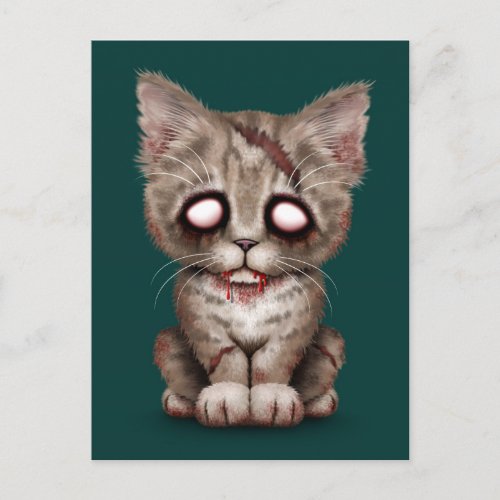 Cute Zombie Kitten Cat on Teal Blue Postcard