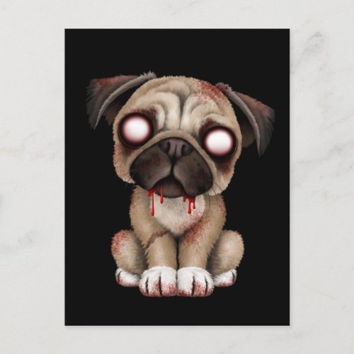 Cute Zombie Pug Puppy Dog on Black Postcard