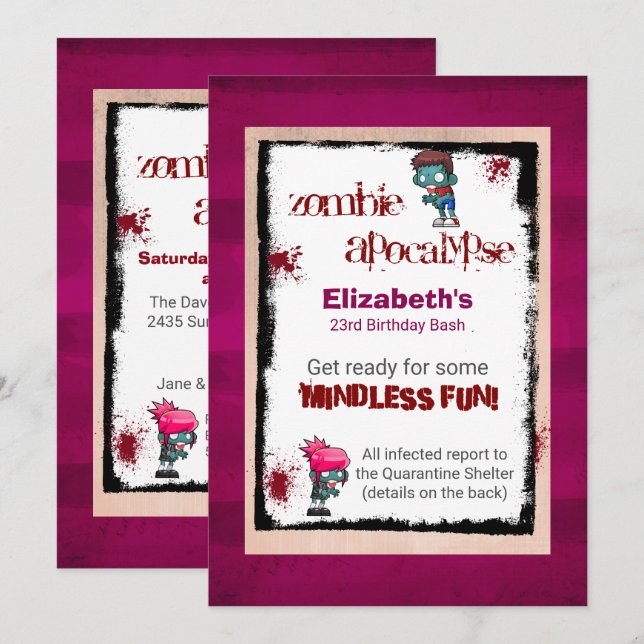 Cute Zombie Theme Birthday Party Invite (Front/Back)