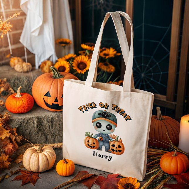 Cute Zombie Trick or Treat Personalized Halloween Tote Bag (Creator Uploaded)