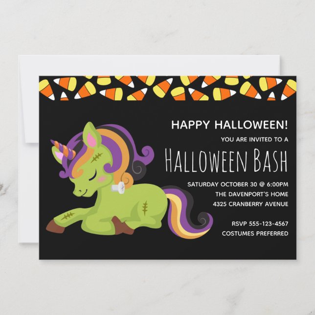 Cute Zombie Unicorn Halloween Party Invitation (Front)