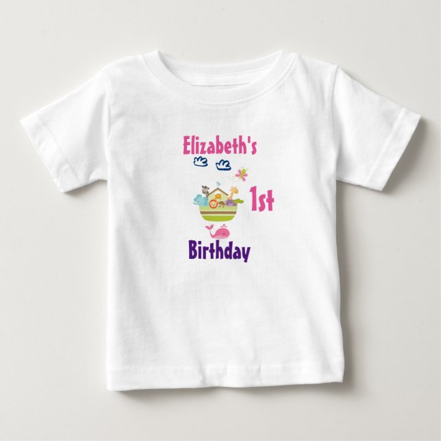 Cute Zoo Animal Ark First Birthday Baby T-Shirt (Front)
