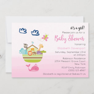 Cute Zoo Animal Ark Pink Baby Girl Shower Invitation
