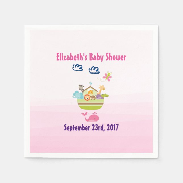 Cute Zoo Animal Ark Pink Baby Shower Paper Napkins (Front)