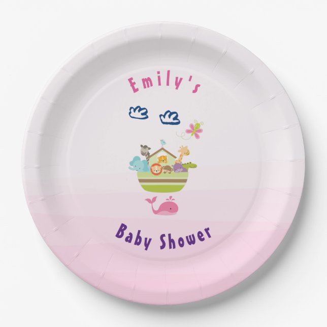 Cute Zoo Animal Ark Pink Baby Shower Paper Plates (Front)